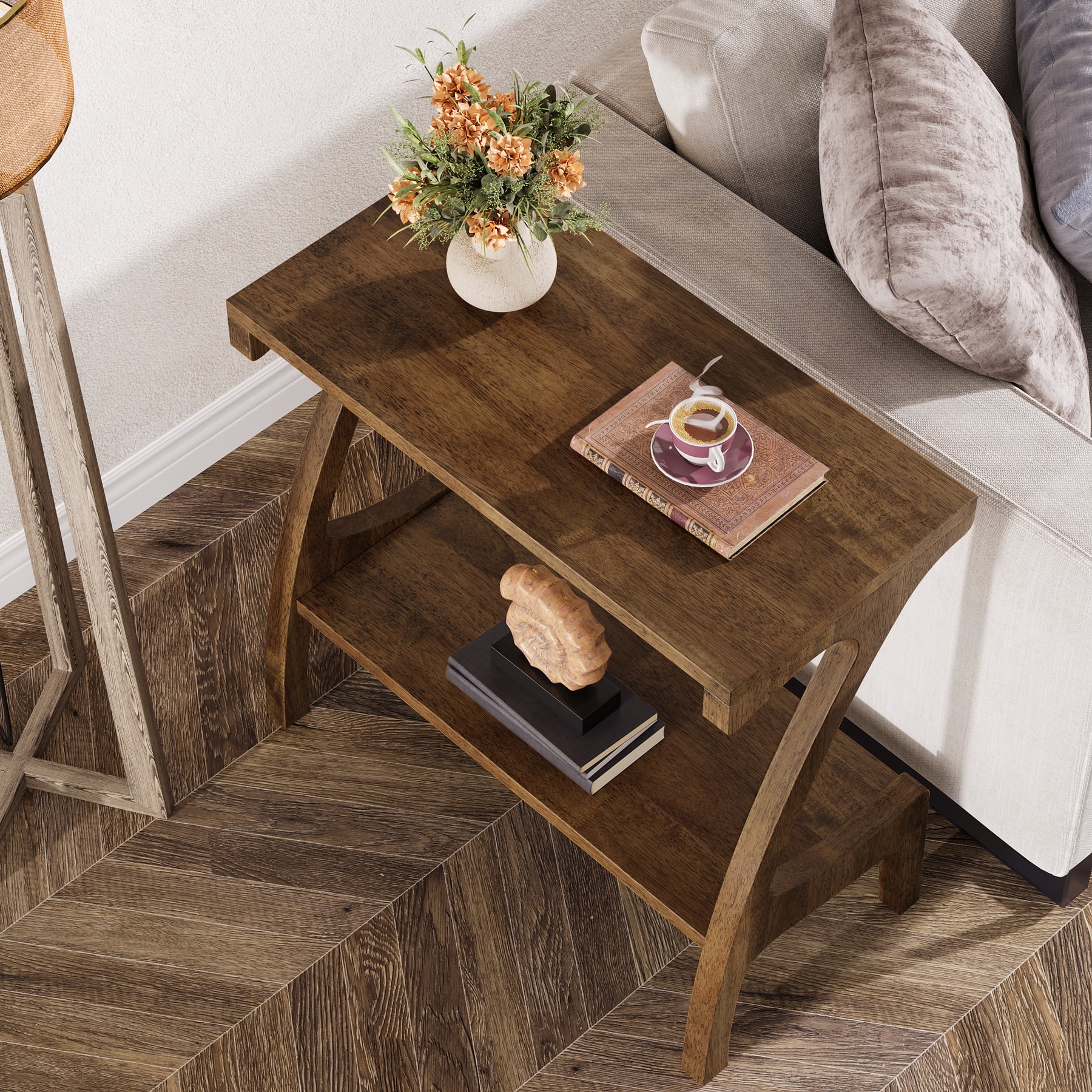 TRIBEWOOD Solid Wood End Table with 2-Tier Storage, Narrow Side Table for Sofa, Brown