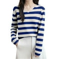 thumbnail image 4 of Dolkfu Blue Womens Sweater V Neck Striped Slouchy Knit Shirt Lightweight Long Sleeve Sweater Women Shirt S, 4 of 4