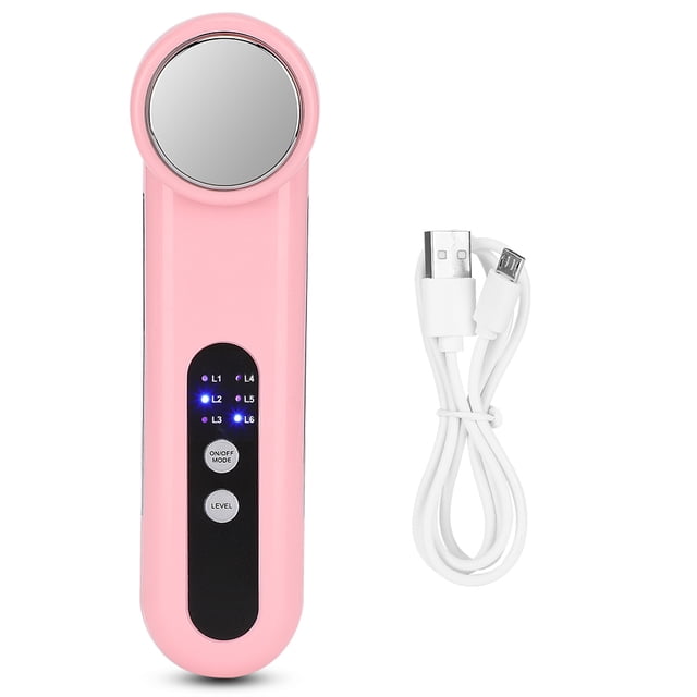 instrumento de limpieza facial de máquina bauty antienvejecimiento hidratante facial cálida con iones usb, color rosa vista frontal del dispositivo rosa con cabezal circular metálico, mango alargado con panel de control negro, botones 'ON/OFF MODE' y 'LEVEL', indicadores LED azules L1–L6 y cable USB blanco al lado; ABS, batería 600 mAh y carga 5 V; suele usarse también para cuidado facial en viajes.