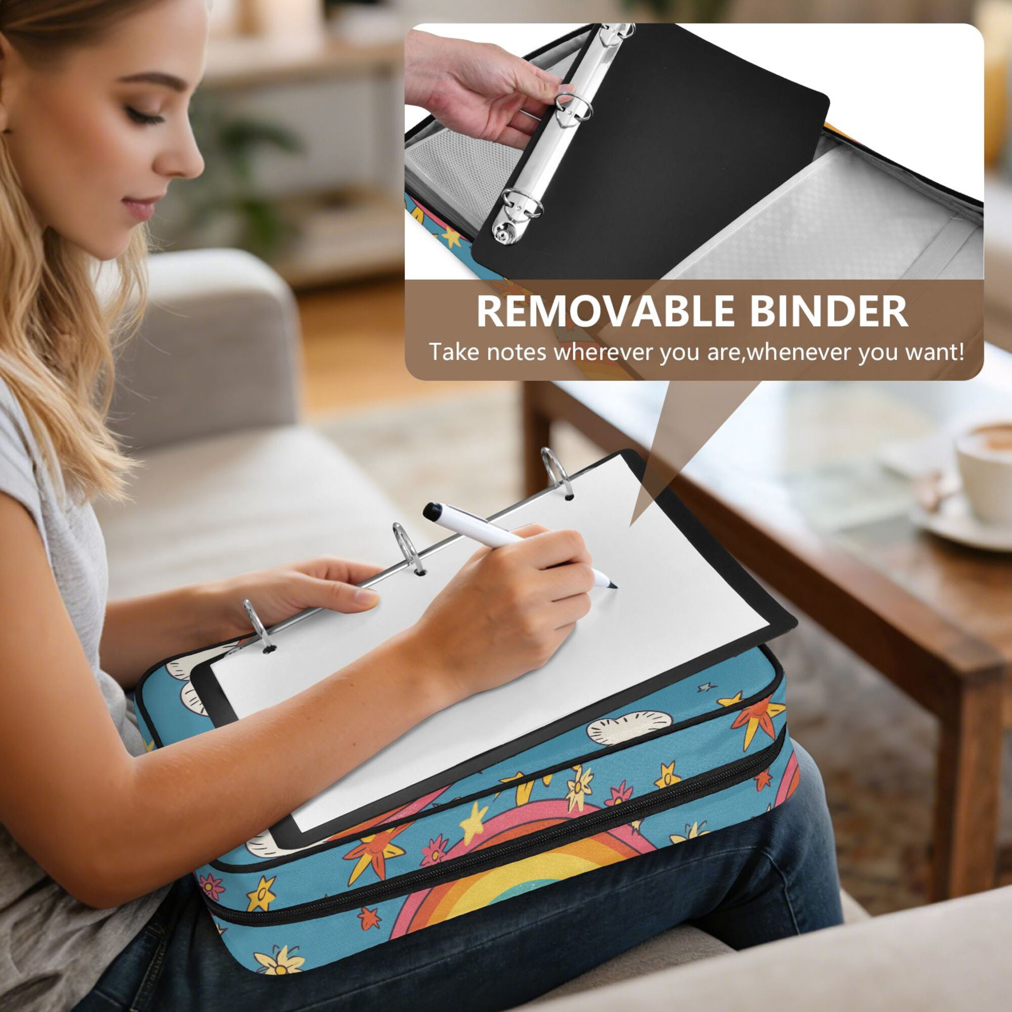 FORMRS Accordion File Folder A4 Size 7-Pocket Expanding Document Organizer Bag with 3 Ring Binder, Rainbow with Stars