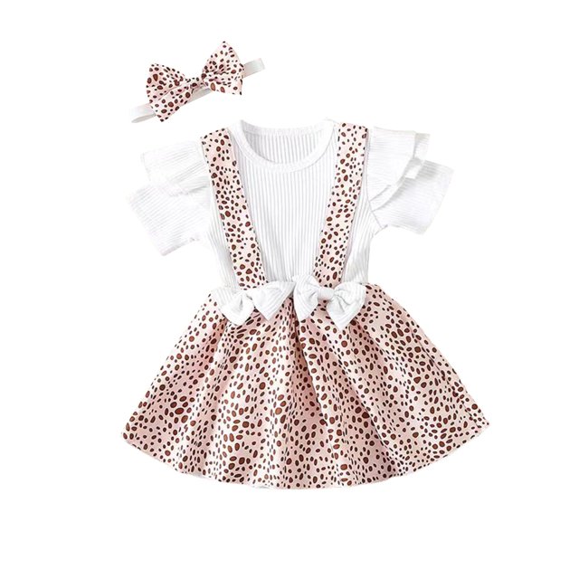 Faithtur Ensemble de Barboteuse pour Bébés Filles, Manches Courtes Col Rond Imprimé Nœud Papillon Patchwork Robe Trapèze avec Bandeau
