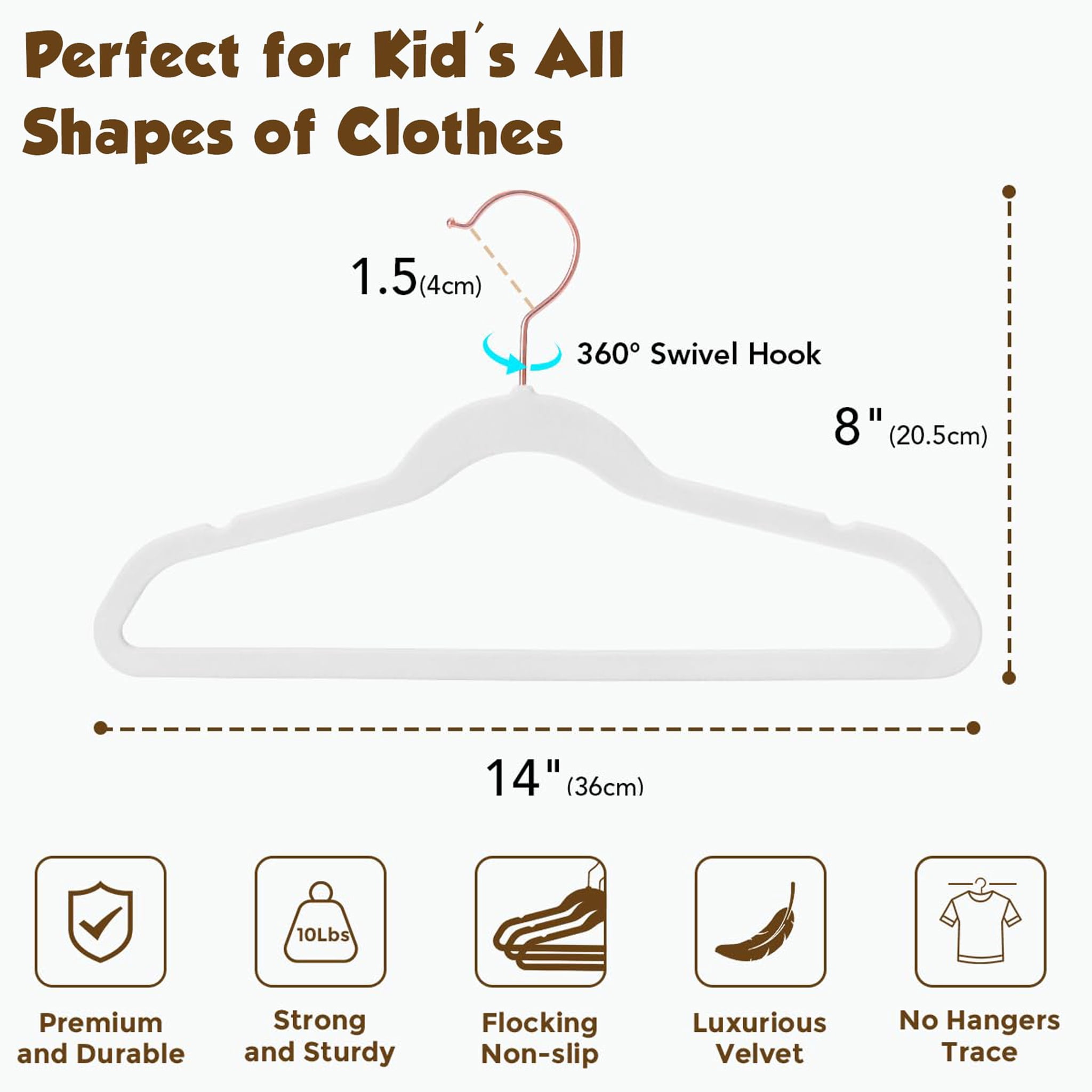 Cozymood Kids Velvet Hangers, 50 Pack 14 inch Children's Clothes Hangers Non Slip Kids Felt Hanger, Space Saving Toddler Hanger, White