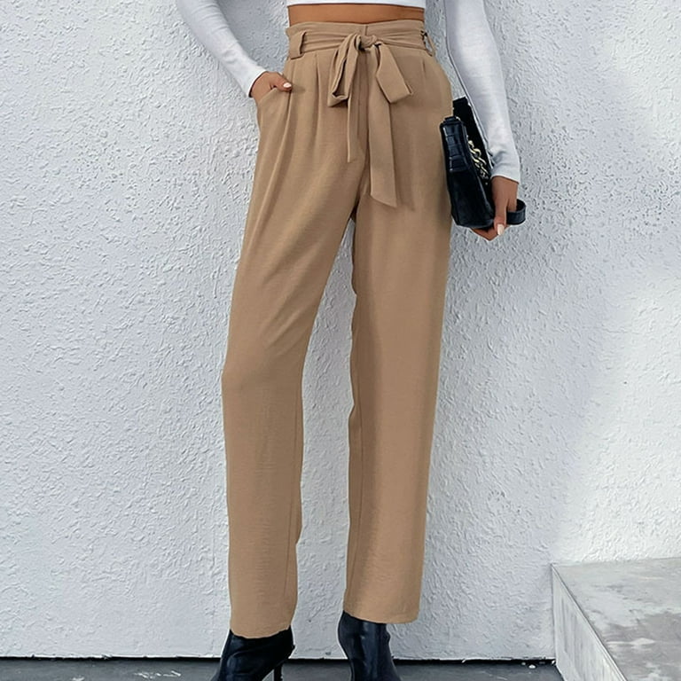 Women's Classic Business Work Trousers Fashion Belt Straight Wide