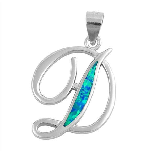 Sterling Silver Blue Simulated Opal Script Letter D Pendant Initial Charm Jewelry Female Unisex