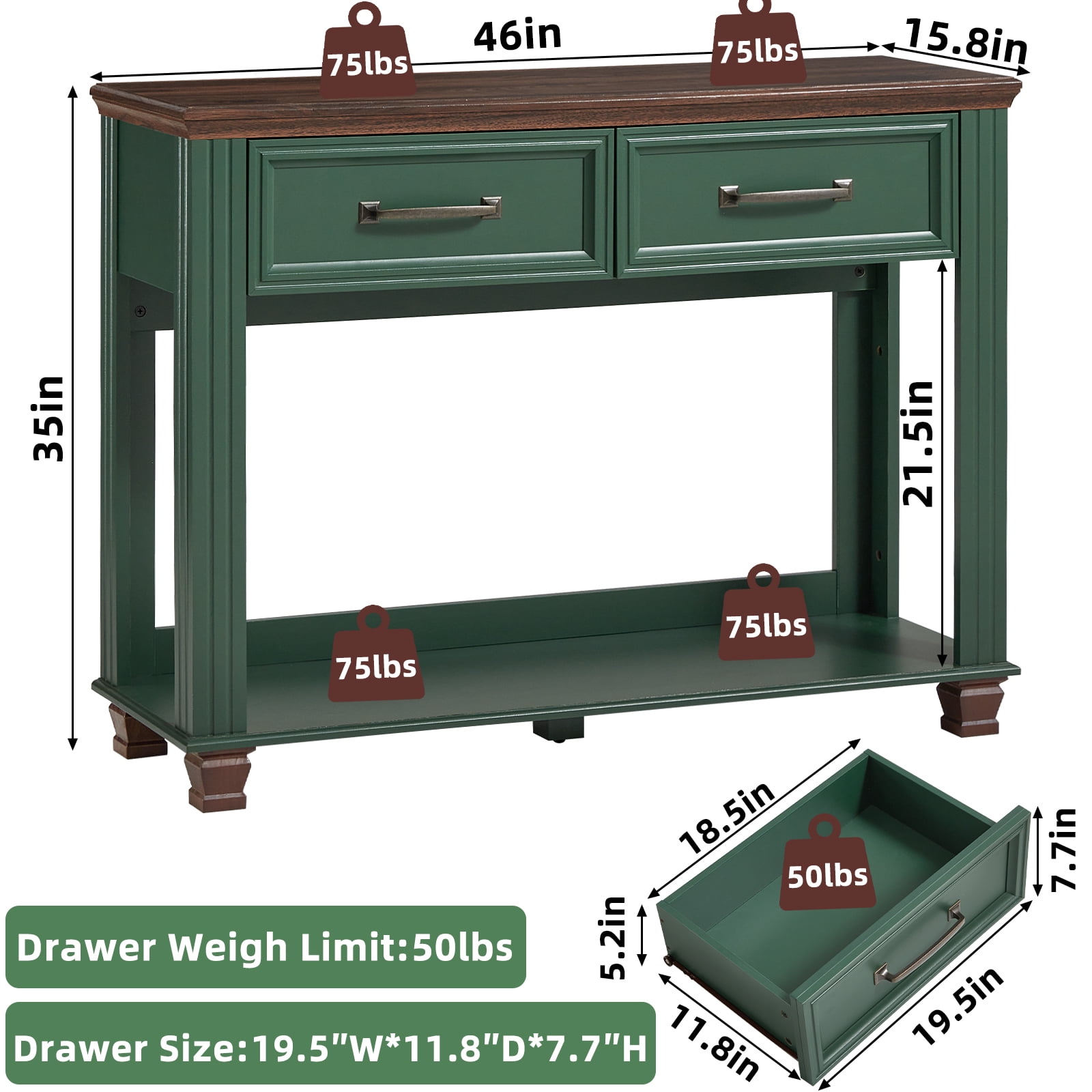 Buildhom 46" Farmhouse Console Table with 2 Drawers, Rustic Wood Sofa Table Behind Couch, Entryway Table with Open Shelf for Living Room, Green