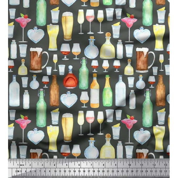 Soimoi Cotton Cambric Fabric Bottle,Wine & Beer Bar Print Fabric by The Yard 42 Inch Wide