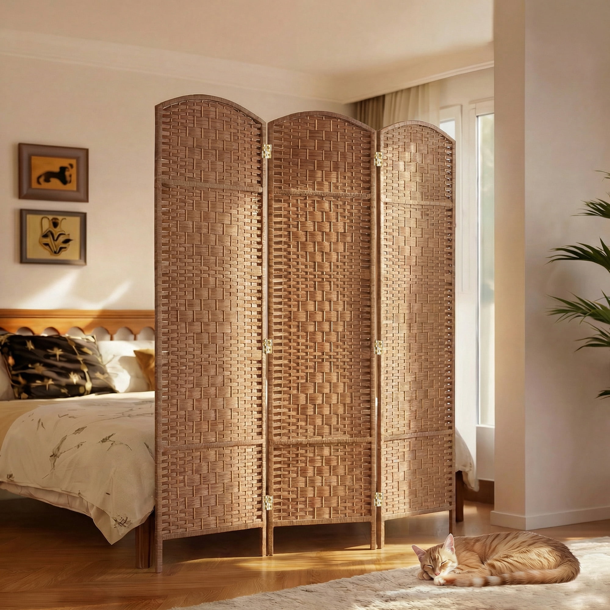 3 Panel Resin Wicker Folding Room Divider Privacy Screen Home Office Natural