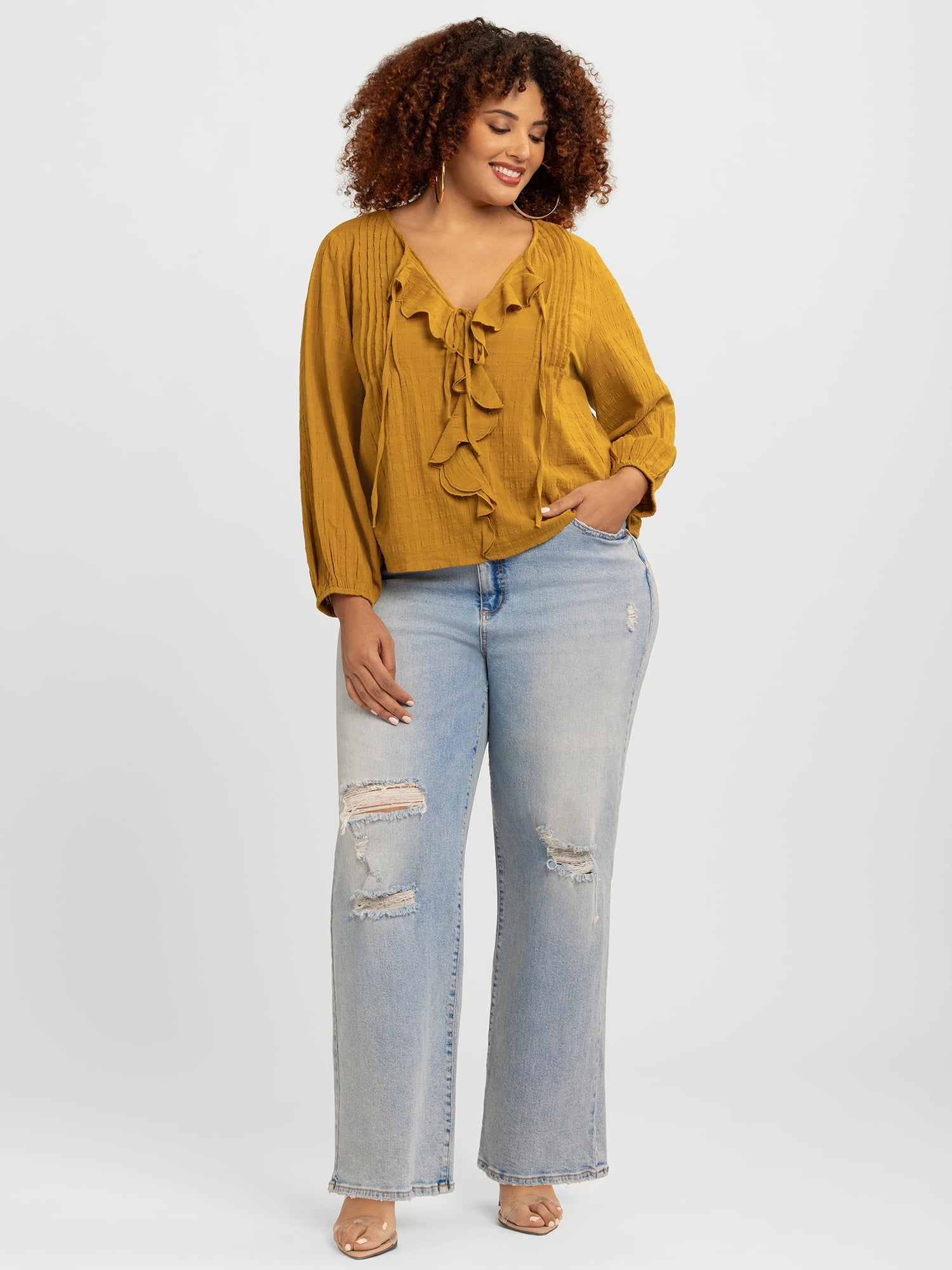 Jessica Simpson Women's Plus Hilaria Cotton Ruffle Top with Long Sleeves, Sizes 0X-4X