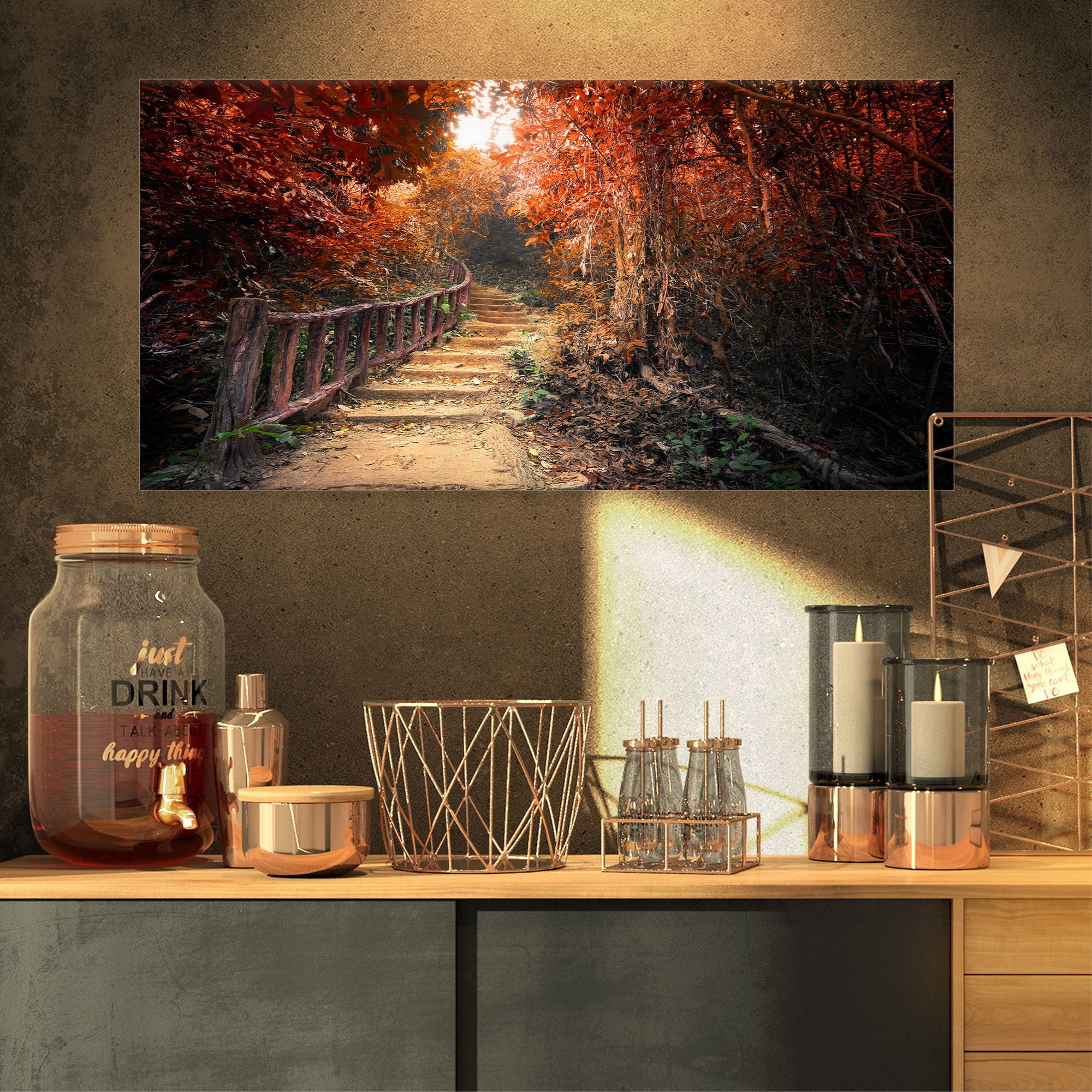 Designart 'Stairway Through Red Fall Forest ' Landscape Photography Canvas Print