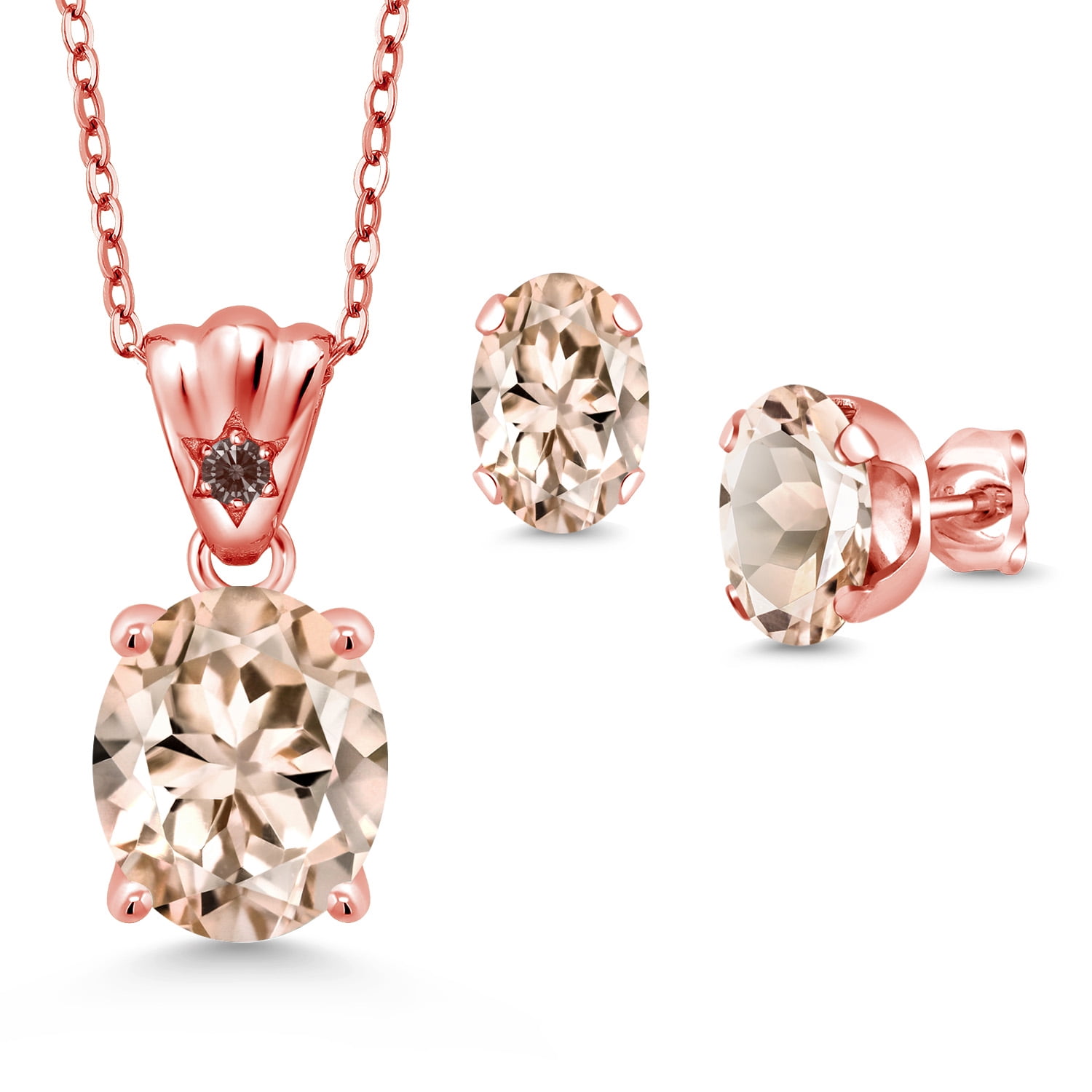 18K Rose Gold Plated Silver Peach Morganite and Fancy Brown Zirconia Pendant and Earrings Jewelry Set for Women (5.23 Cttw, Gemstone Birthstone, Oval 11X9MM and 8X6MM with 18 inch Silver Chain)