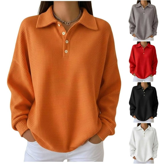 UTSJKR Tunic Tops for Women Loose Fit Dressy Waffle Knit Long Sleeve Shirts Trendy Fall Button Up Crewneck Sweater Casual Pullover Gray XXXL
