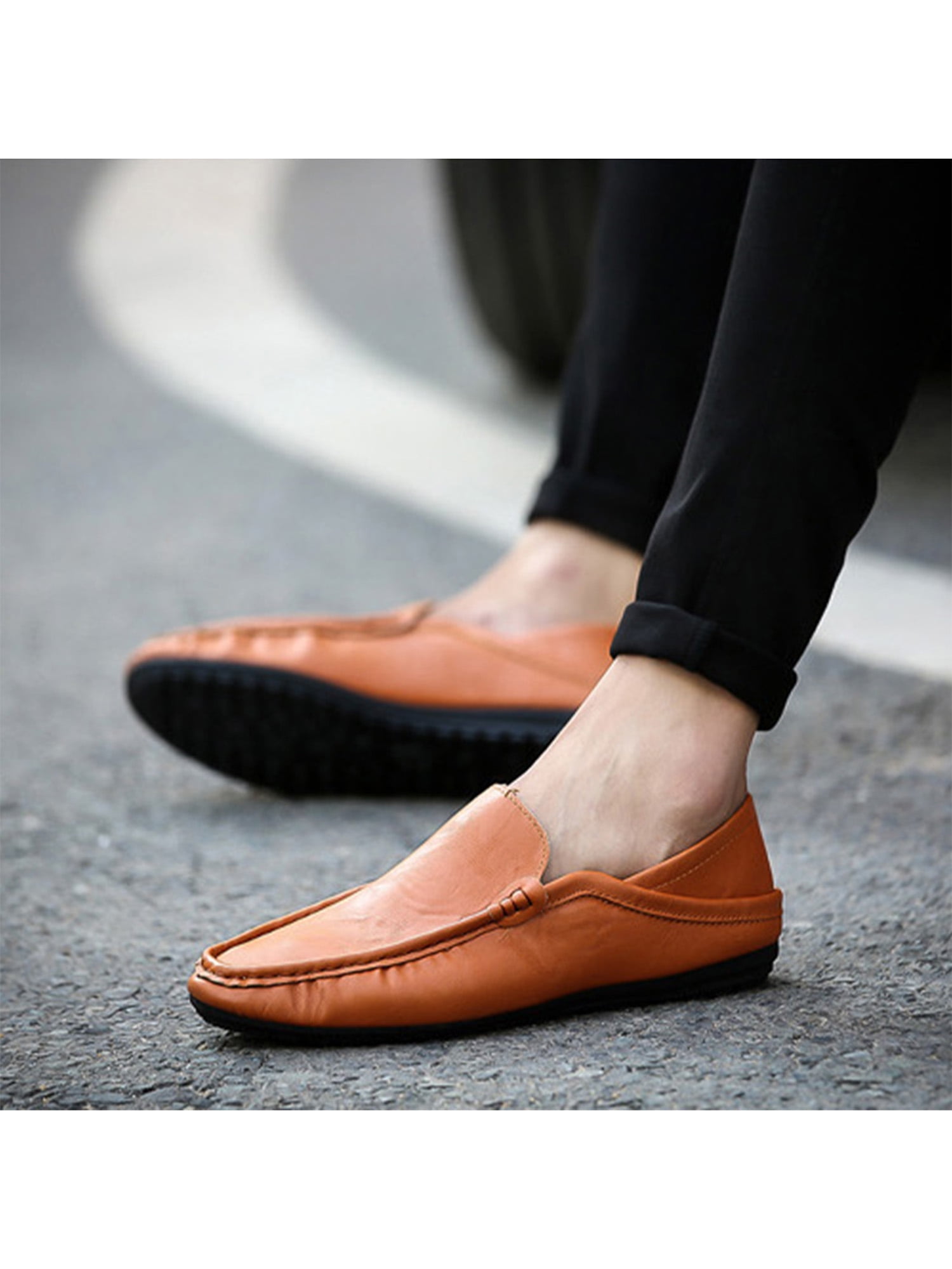 Color : Reddish Brown Perforated, Size : 10.5 M US Mens Summer Perforated Breathable Penny Loafers Slip-on Style Genuine Leather Business Flat Shoes Anti-Slip Round Toe 