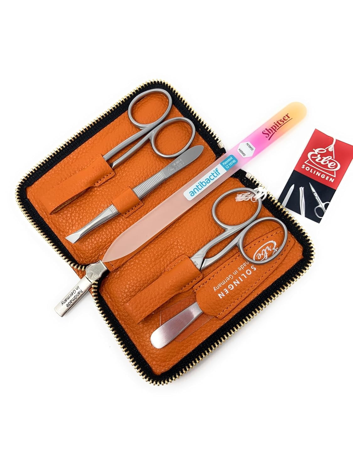 Erbe Solingen 4 pcs Surgical Stainless Steel German Manicure Set Grooming Kit In Luxury Genuine Leather Case Made in Solingen Germany With BONUS: SHPITSER Crystal glass Nail File