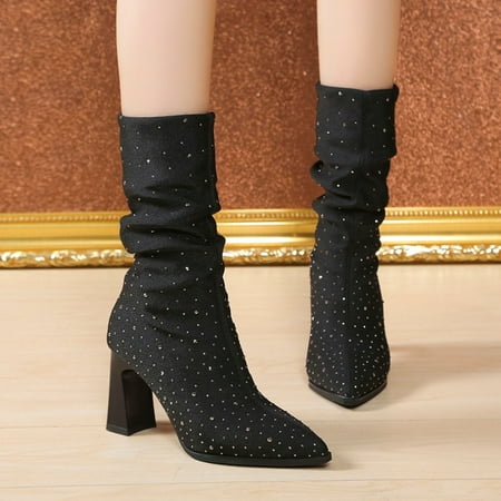

Ovzne Boots For Women Black Boots For Women Womens Fashion Solid Rhinestone Boots Women Pointed Head High Heeled Boots Shoes Clearance