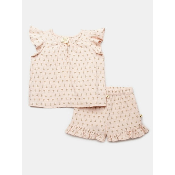 easy-peasy Toddler Girls Organic Dobby Check Ruffle Top & Shorts Set, 2-Piece, Sizes 18M-5T