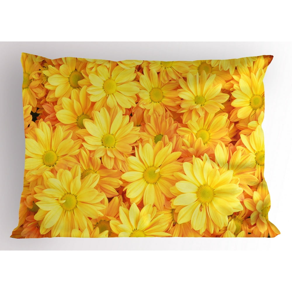 Yellow Flower Pillow Sham Lively Daisies Fresh Bouquets with Natural