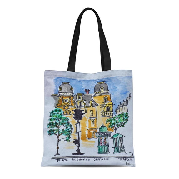 SIDONKU Canvas Tote Bag Watercolor Architecture Place Alphonse Deville Paris Drawing Haussmann Street Reusable Handbag Shoulder Grocery Shopping Bags