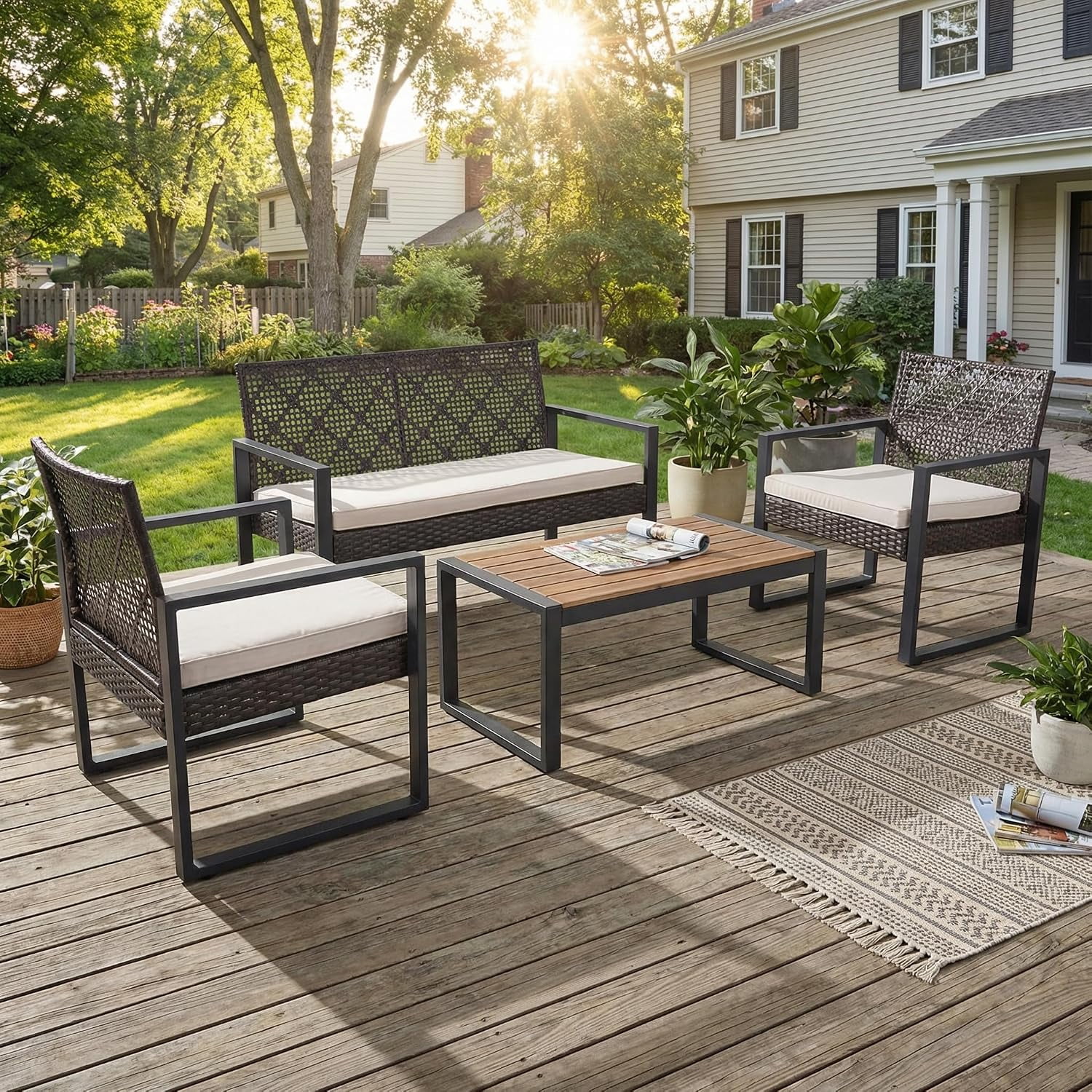 4-Piece Outdoor Patio Furniture Set, Acacia Wood Table Top, Brown Rattan with Beige Cushions