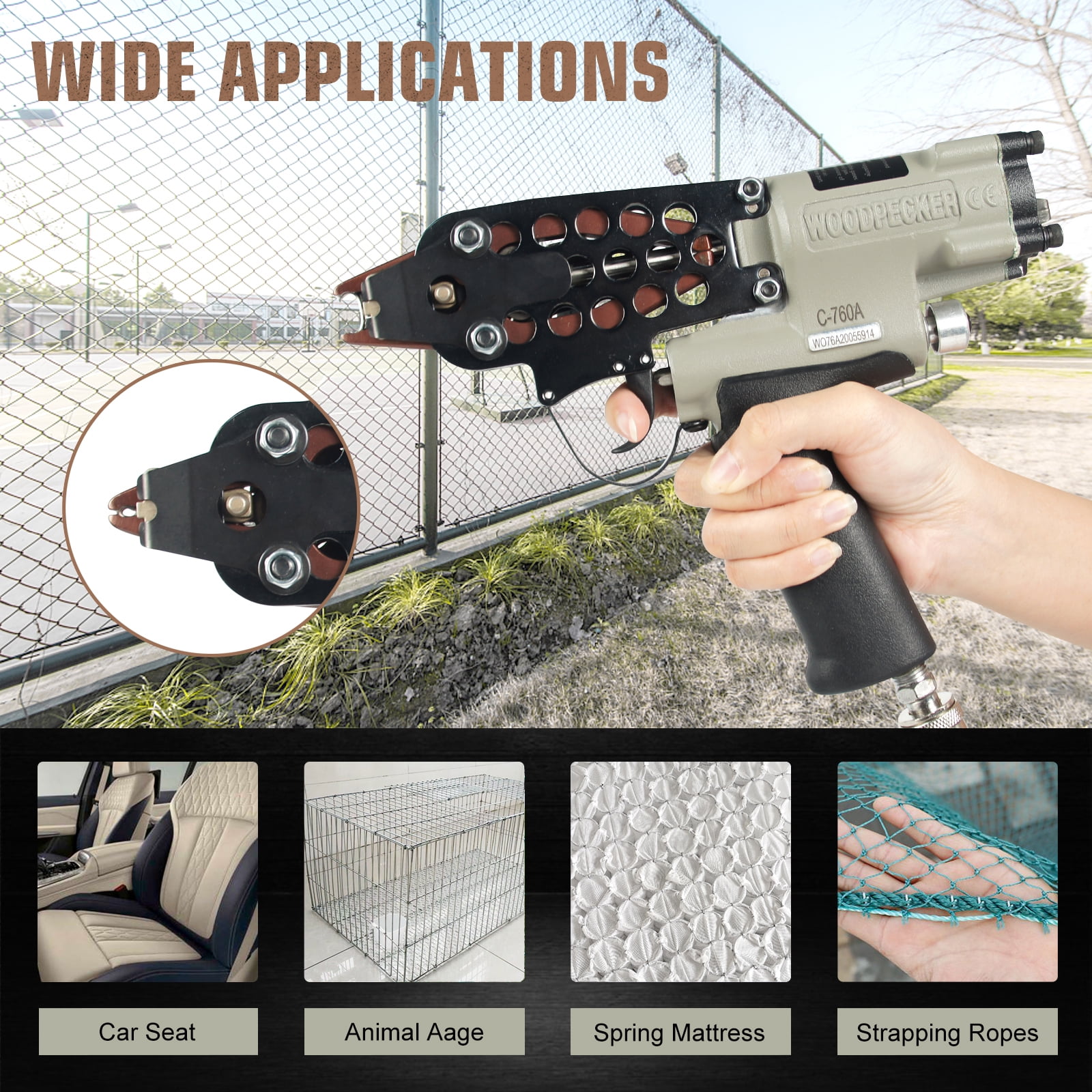 WOODPECKER C-760A 16 Guage Pneumatic Hog Ring Gun, Standard 3.0mm Closure Diameter, 1/2-Inch Crown Hog Ring Staples, Power C Ring Gun Air Hog Ring Plier Tool for Wire Cages, Seat Making, Fencing