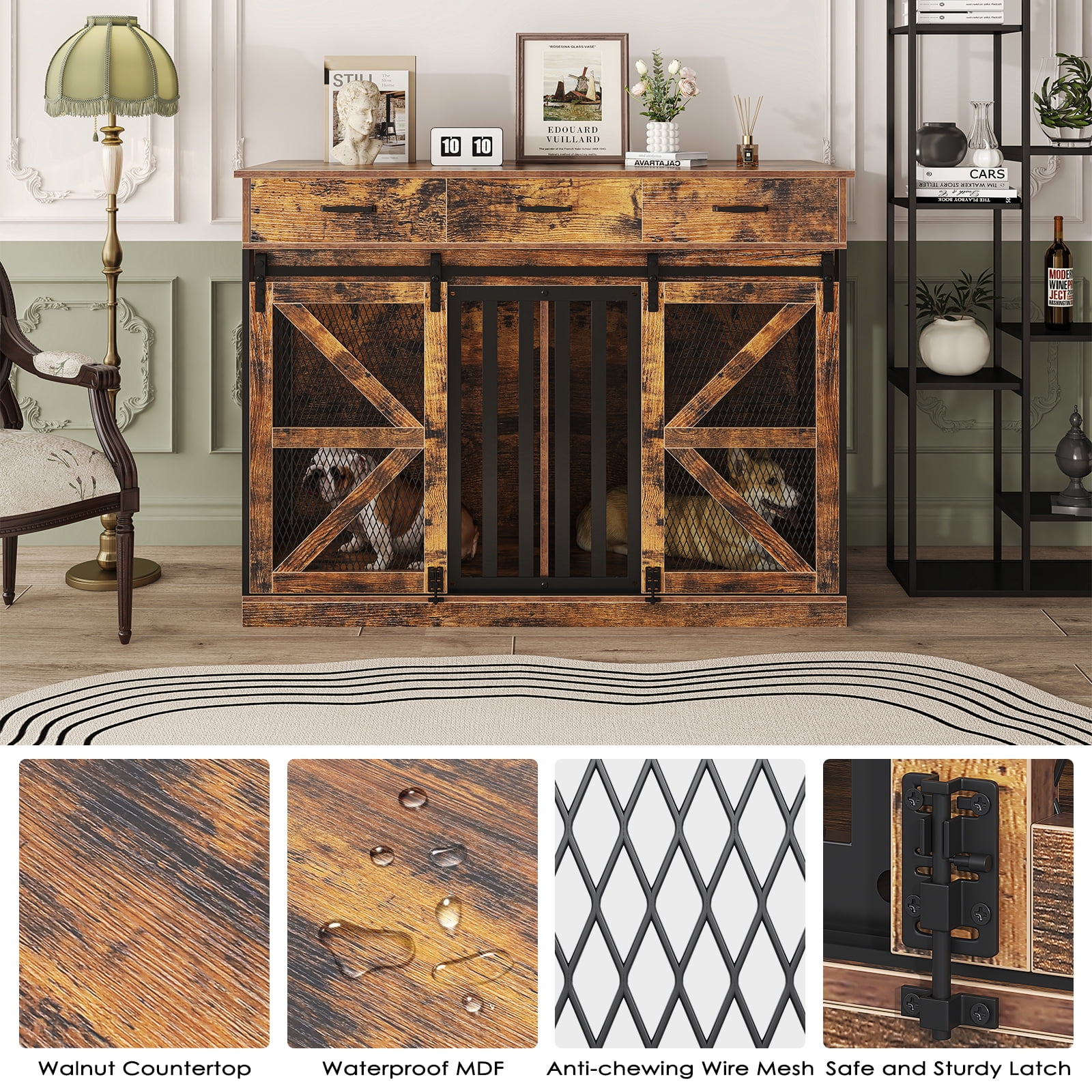 2-in-1 Farmhouse Dog Crate Furniture - Wooden Large Dog Kennel with Drawers Storage - Double Doors - Indoor TV Stand - Inner Height: 24 Inches - Ideal for One Big Dog or Two Small Dogs