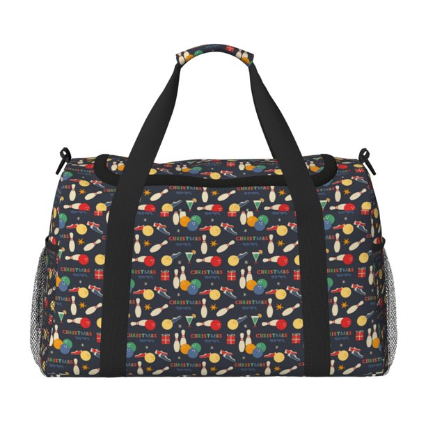 Fotbe Christmas Holiday Bowling Bolsa de Viaje con Estampado, Bolsa de Fin de Semana para Mujer con Compartimento para Zapatos, Bolsa de Gimnasio con Bolsillo Húmedo