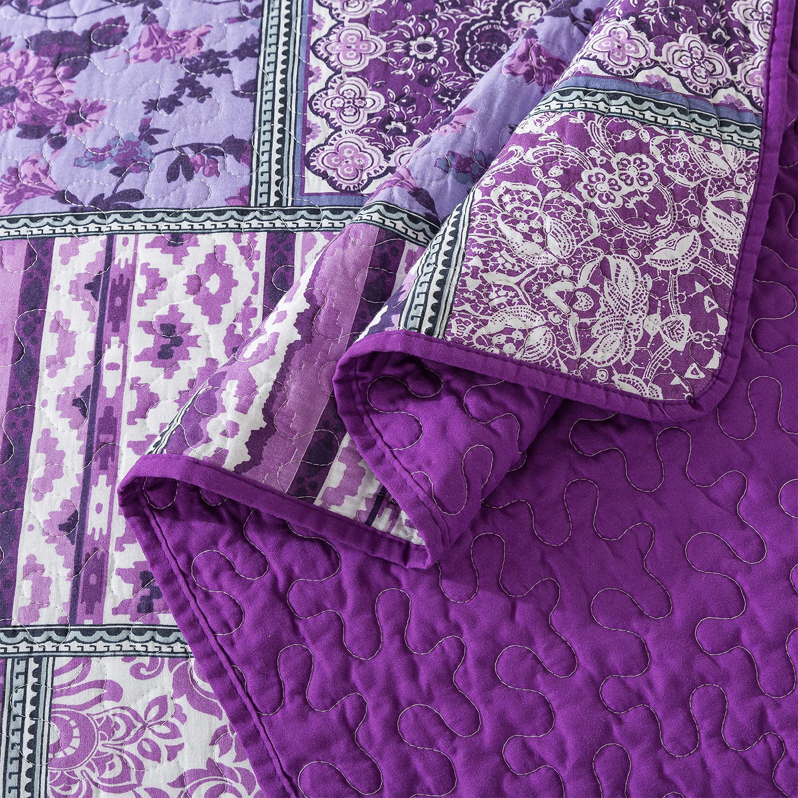 WannaToo King Size Quilt Comforter Cotton Bedding Set With Shams, Vintage Purple