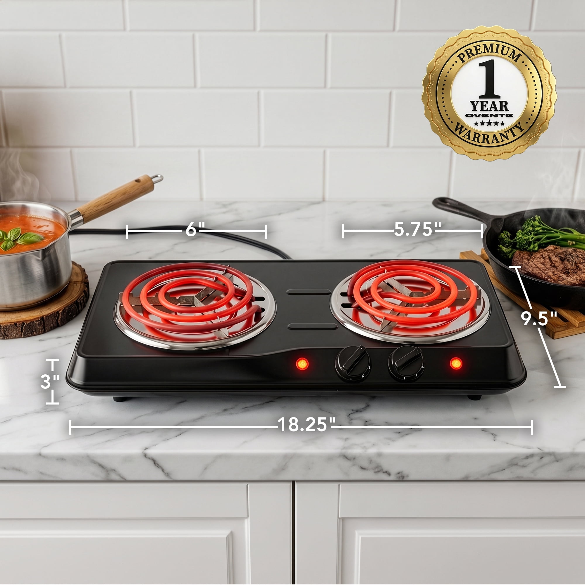 OVENTE Electric Double Burner, 1700W Coil Hot Plate, Black BGC102B, 6" & 5.75" Portable Countertop Cooktop, Metal Housing, 5-Level Temperature Control, Indicator Light, Easy-to-Clean, Compact