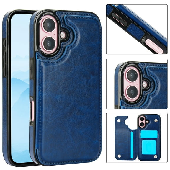 Wallet Case for iPhone 16 with Card Holder, Back Folio Flip Premium PU Leather Kickstand Card Slots Case, Double Strong Magnetic Clasp Durable Shockproof Phone Case for iPhone 16,Darkblue