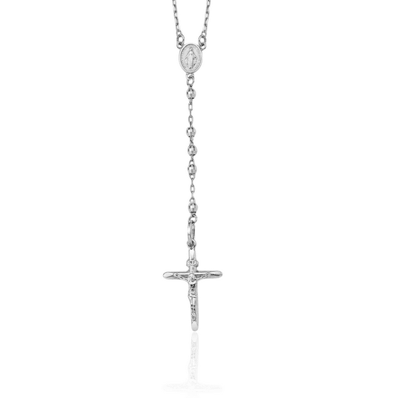 14K Solid White Gold 3mm Rosary Bead Necklace Chain
