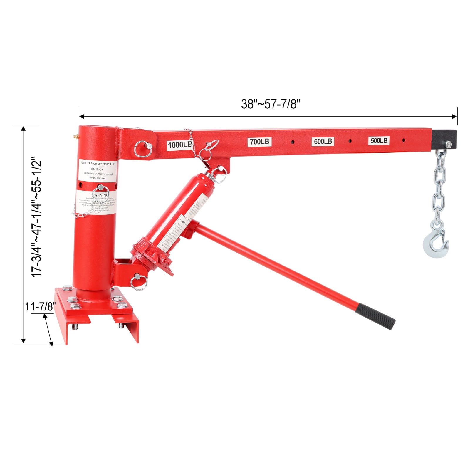 1000 LBS Heavy-Duty Pickup Truck Crane with Manual Winch, Adjustable 500/600/700/1000 LBS Capacity for Construction, Warehouse & Factory Use