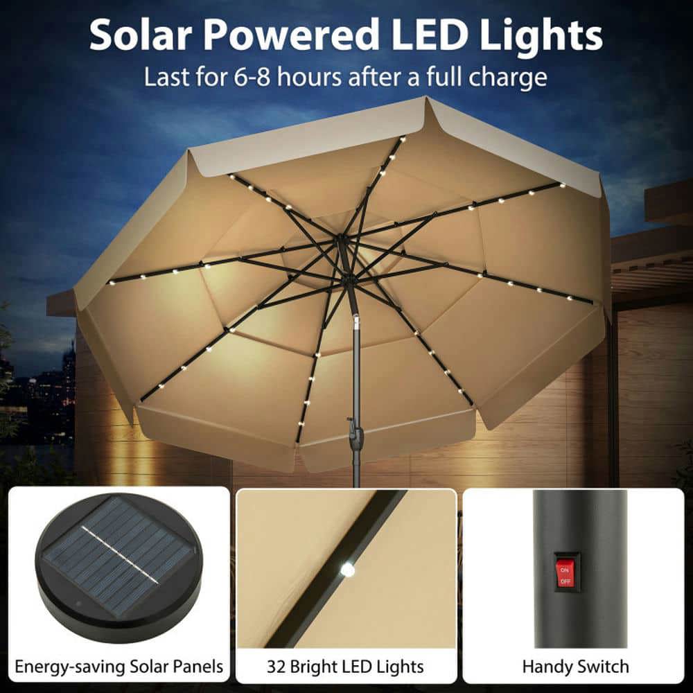 Spaco 10 Feet Solar Patio Umbrella with 3-Tier Vented Top, Outdoor Shade, Beige