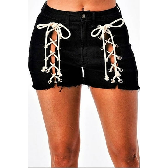 Black Lace-Up Distressed Denim Shorts