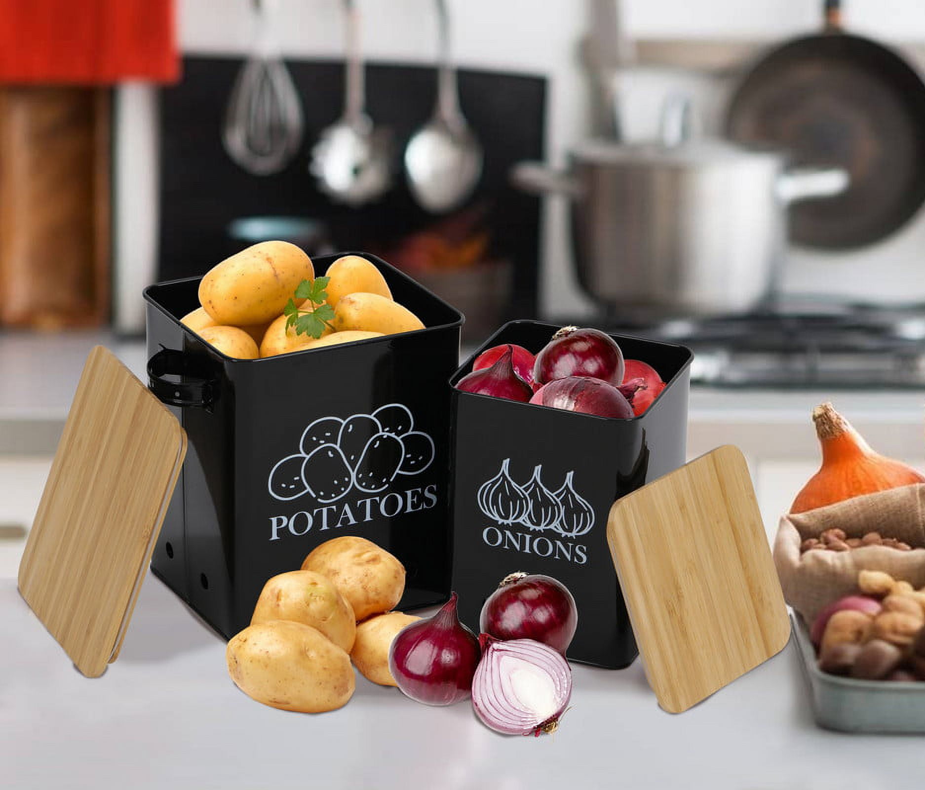 Brabtod Kitchen Vegetable Storage Tins 2 Pack Set for Potatoes&Onion, Metal Food Storage Container with Wooden Lid 7.5L Garlic Bin Caddy, Long Shelf Life Black
