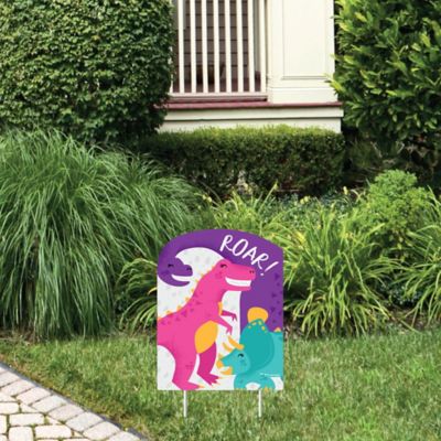 Roar Dinosaur Girl - Outdoor Lawn Sign - Dino Mite Trex Baby Shower or Birthday Party Yard Sign - 1 Piece