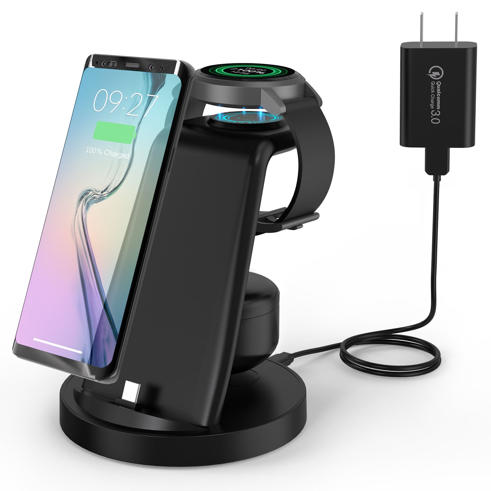 Suitable for Apple Samsung mobile phone headset wireless charging stand three-in-one desktop vertical fast charging wireless charging base,W-04 Apple model,Apple style