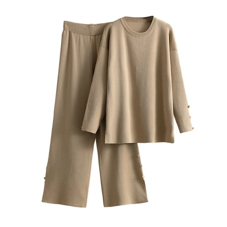 Enjoytime Women 2 Piece Outfits Sets Solid Color Long Sleeves Tops and Wide Leg Pants Pants Matching Lounge Sets Fashion Fall Clothing Khaki B Free Size