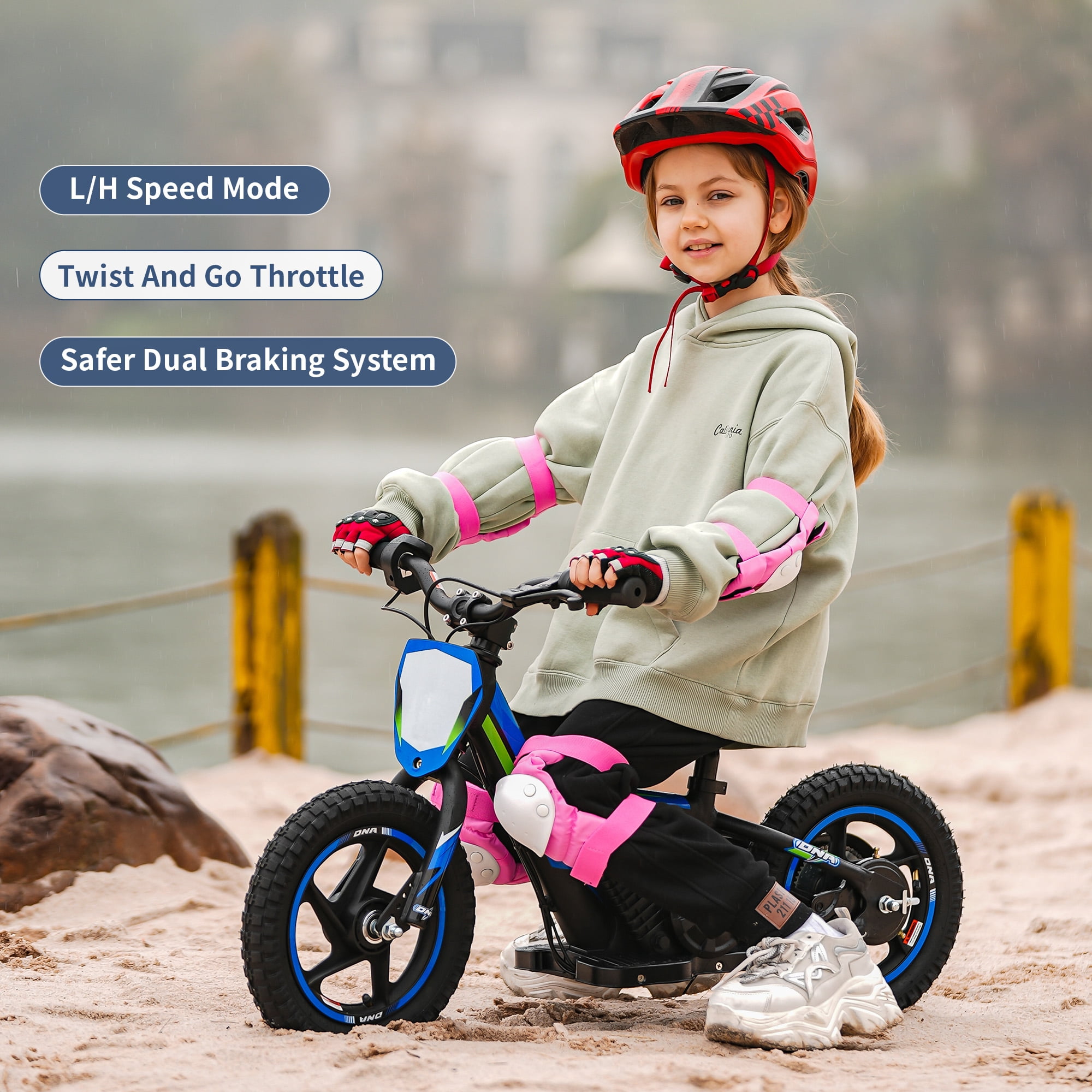 KKA 24V Electric Dirt Bike for Kids, 12 inch Tires Blue with Detachable Battery, for Child 3+