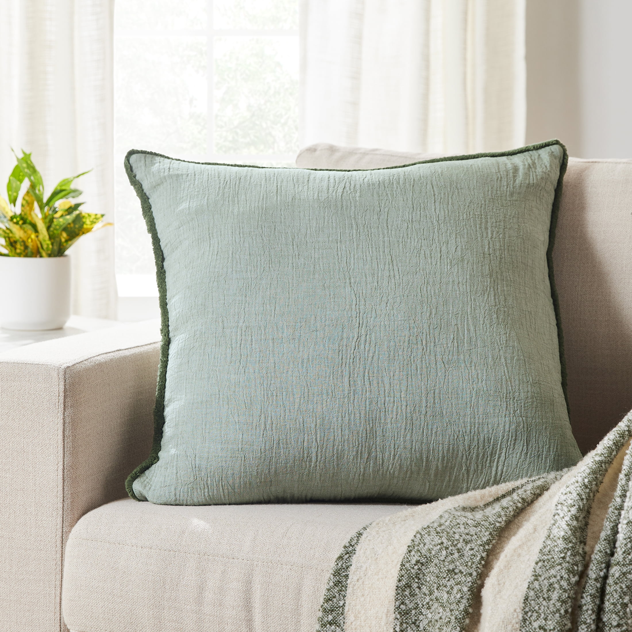(2 pack) Better Homes & Gardens 22" x 22" Dark Cilantro Green Cotton Gauze Fringe Decorative Pillow