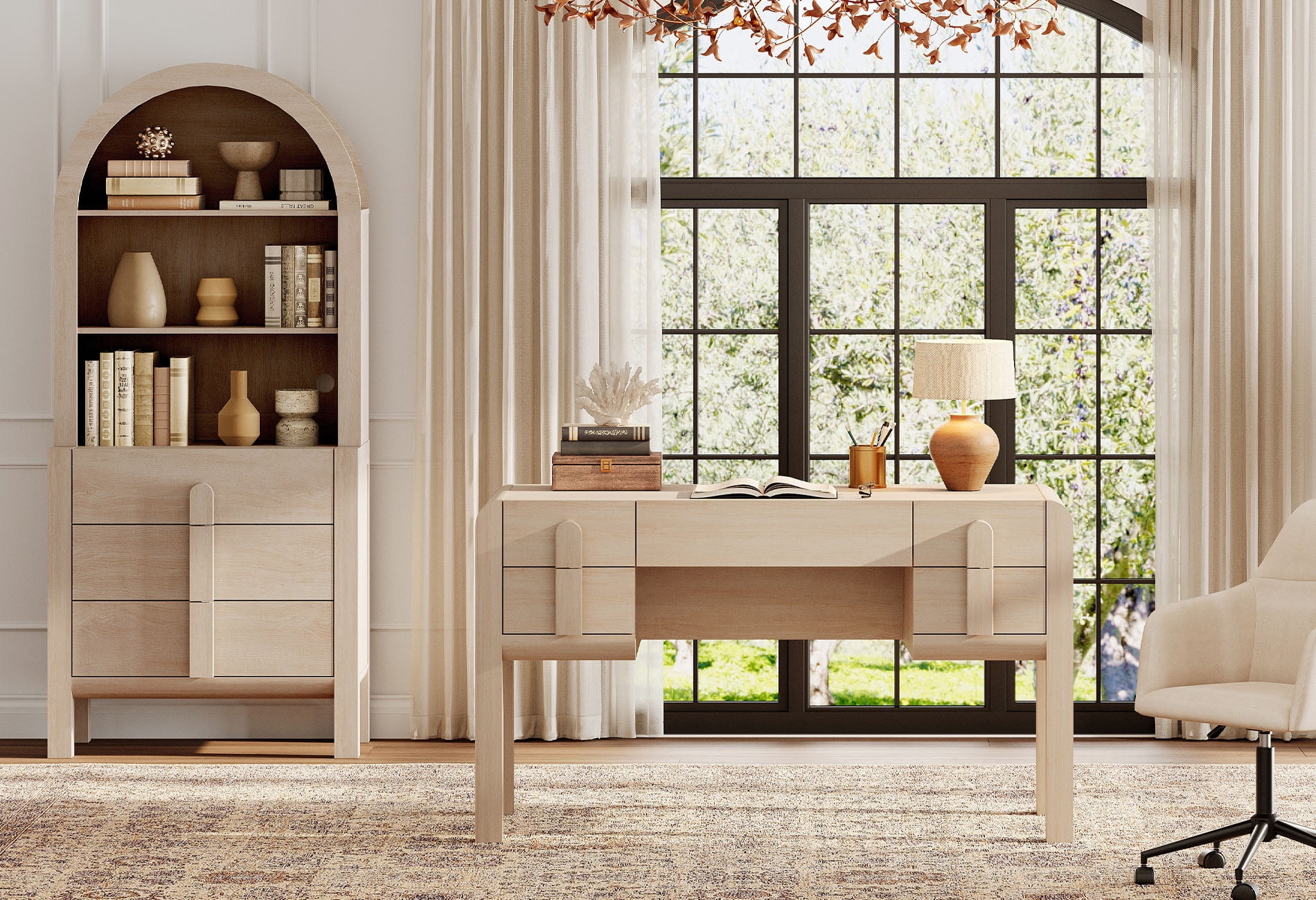 2 Piece Office Set, 53.5" Modern Executive Desk with Charging Station and Drawers & 71"H Tall 3-Tier Arched Bookcases with Open Storage for Living Room, Bedroom, Home Office