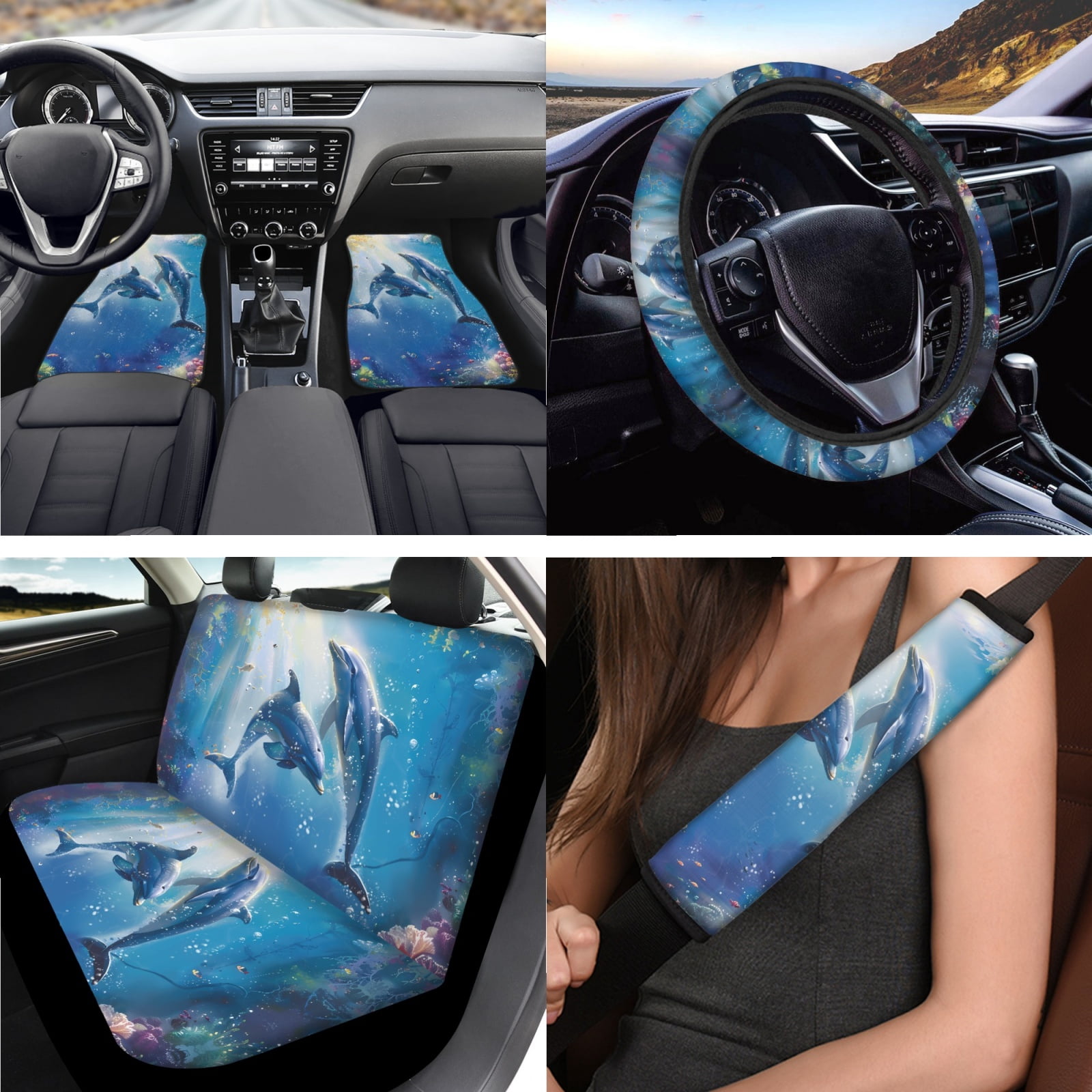 Jeiento Dolphin Car Seat Cover Full Set 17 Pack Car Floor Mats Steering Wheel Cover Keychains Seatbelt Pad Armrest Cover Cup Coasters Blue Ocean Lipstick Holder Universal Fit for SUV Sedan Van