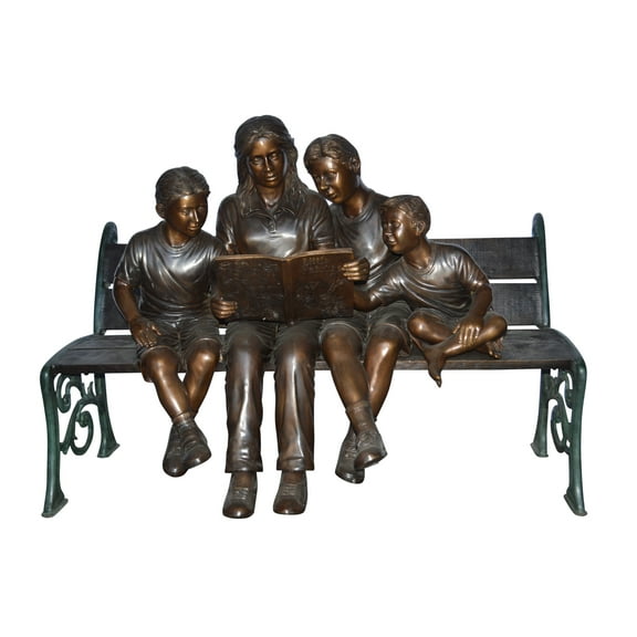 Mom and boys reading stories on bench bronze statue - Size: 53"L x 33"W x 39"H.