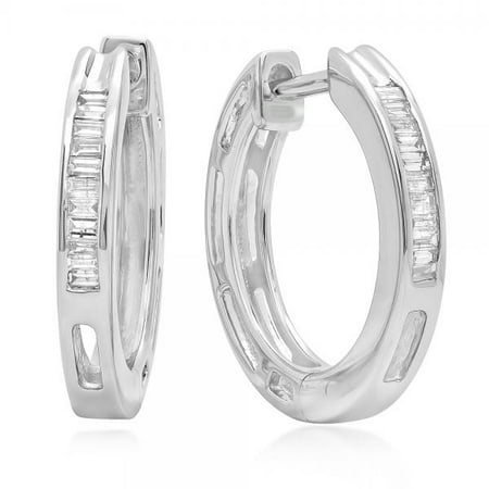 - 0.15 Carat (ctw) Sterling Silver Baguettes Diamond Huggie Hoop Earrings