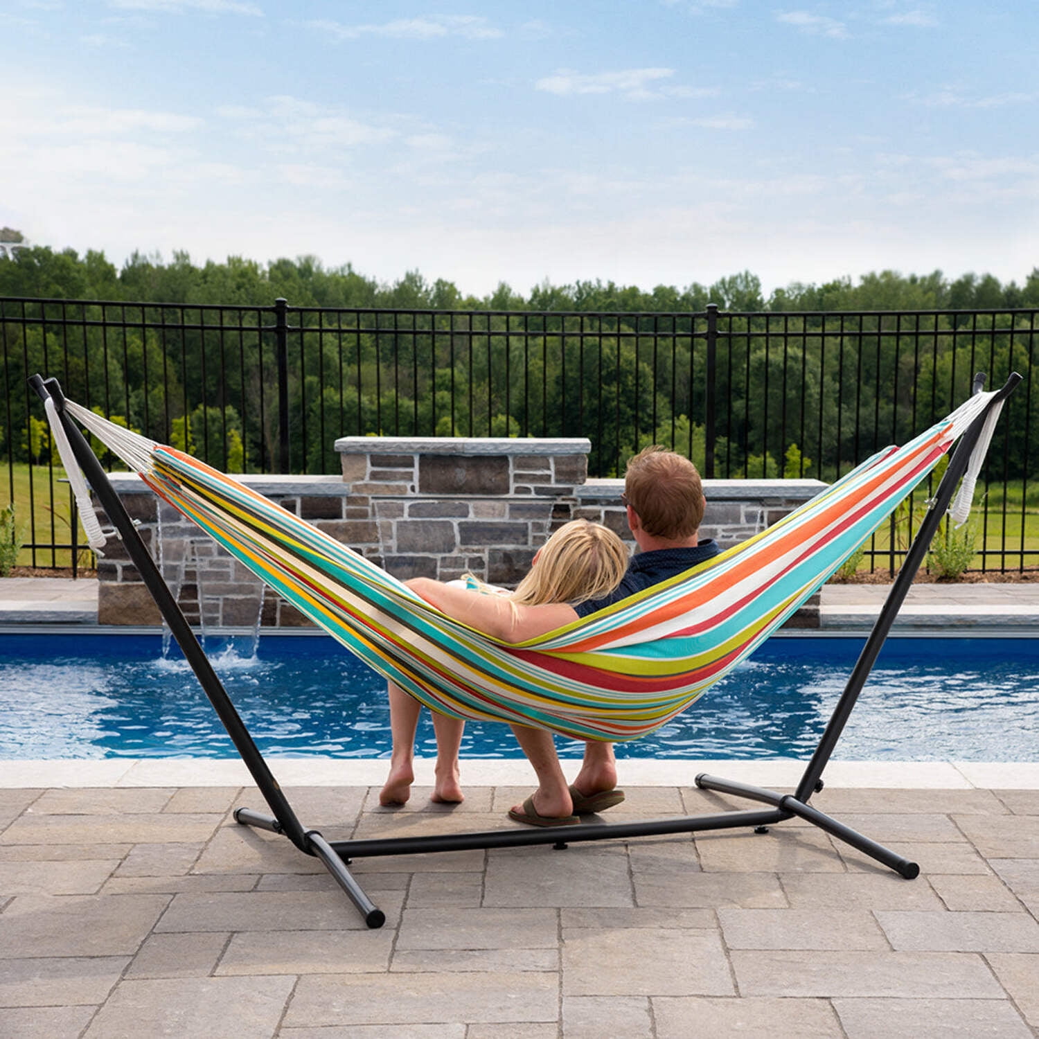 Vivere Double Polyester Easy Assemble Outdoor Hammock with Steel Stand, Ciao