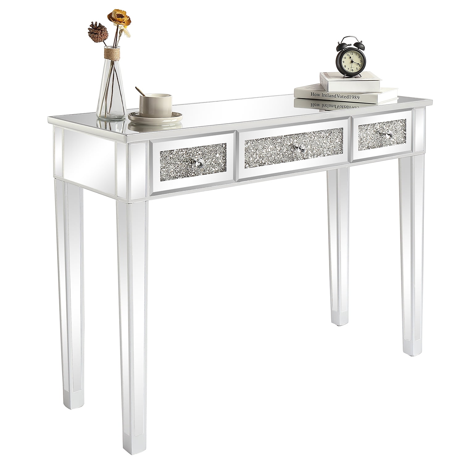3-Drawer Modern Diamond-Embellished Computer Desk with Mirror Finish, Silver, 42 x 15 x 29.92 in