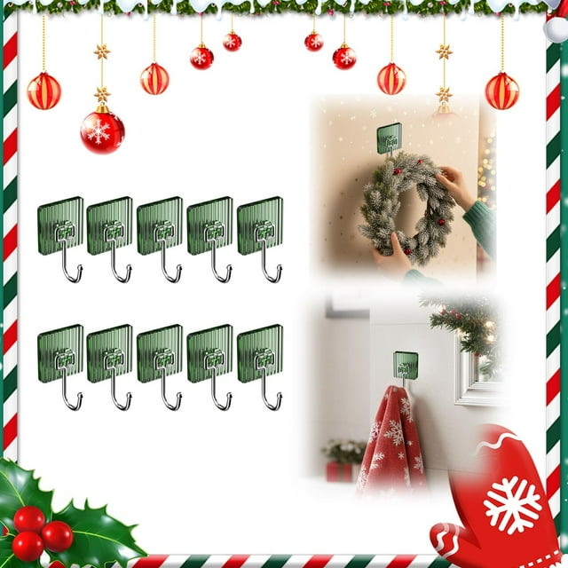 10 Ganchos Navideños Sin Adhesivo, Sin Clavos Ni Perforaciones, para Cocina, Baño o Ropa. Color Verde. Medidas: 10 X 6 X 3 Cm.