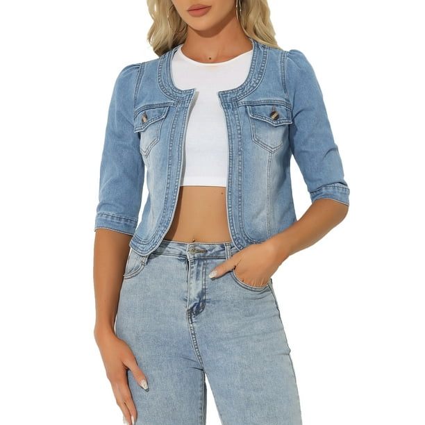 Chaquetas de mezclilla para mujeres INSPIRE CHIC sin cuello, de manga 3/4, cortas, color azul claro, talla M