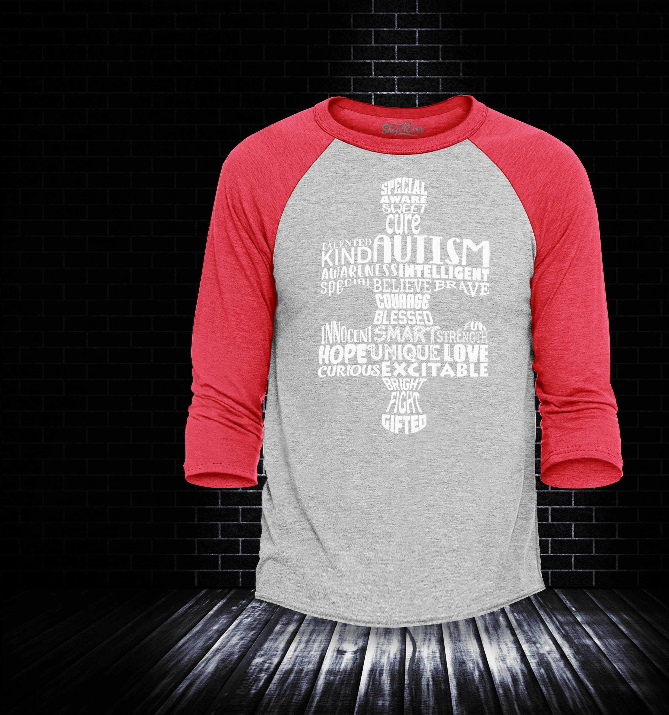 Shop4Ever Men's Puzzle Word Cloud Autism Awareness Raglan Baseball Shirt XX-Large Heather Grey/Red