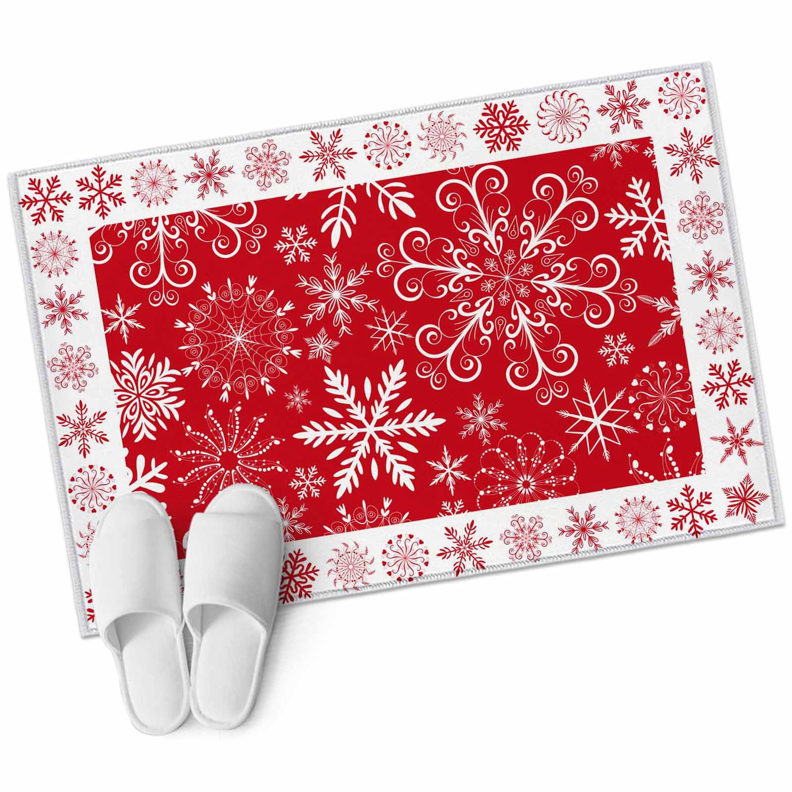 Christmas Snowflakes Bathroom Rug Washable 2x3 Entryway Rug Non Slip Red Xmas Winter Vintage Front Door Mat Low Pile Indoor Doormat Throw Floor Carpet for Kitchen Bedroom Entrance
