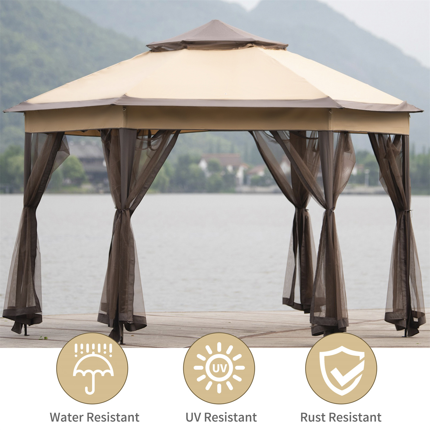 Highsound 13x13FT Hexagon Patio Gazebo, Outdoor Garden Gazebo Tent with