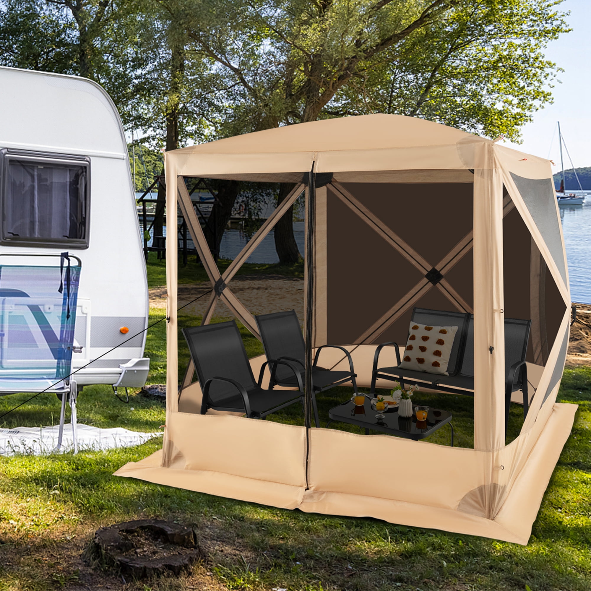 Costway 6.7 FT x 6.7 FT 4-Panel Pop up Camping Gazebo Quick-Set with 2 Sunshade Cloths Coffee